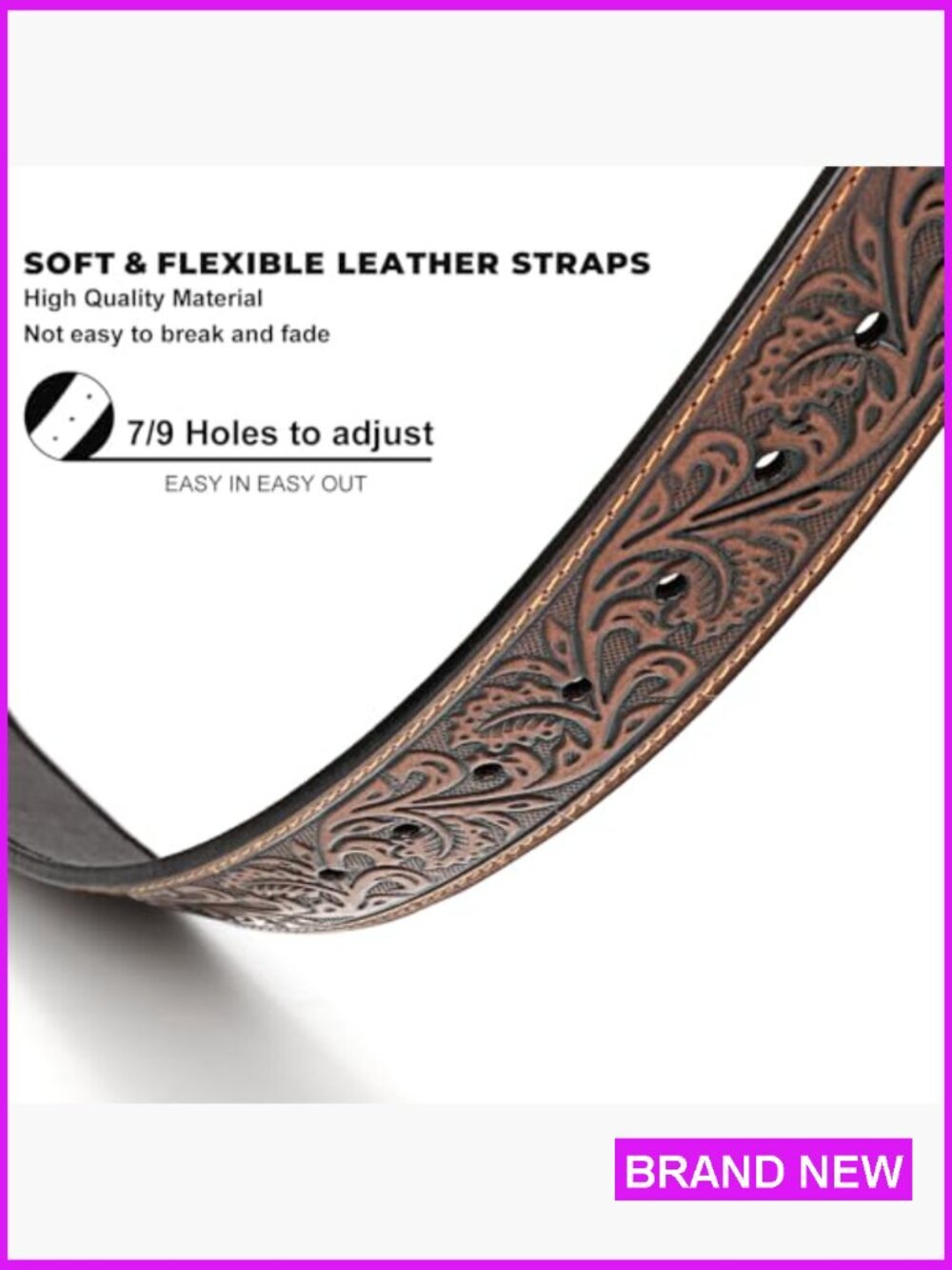 Western Leather Belt Strap Snap On Adjustable Classic Cowboy Cowgirl Style - Picture 4 of 7